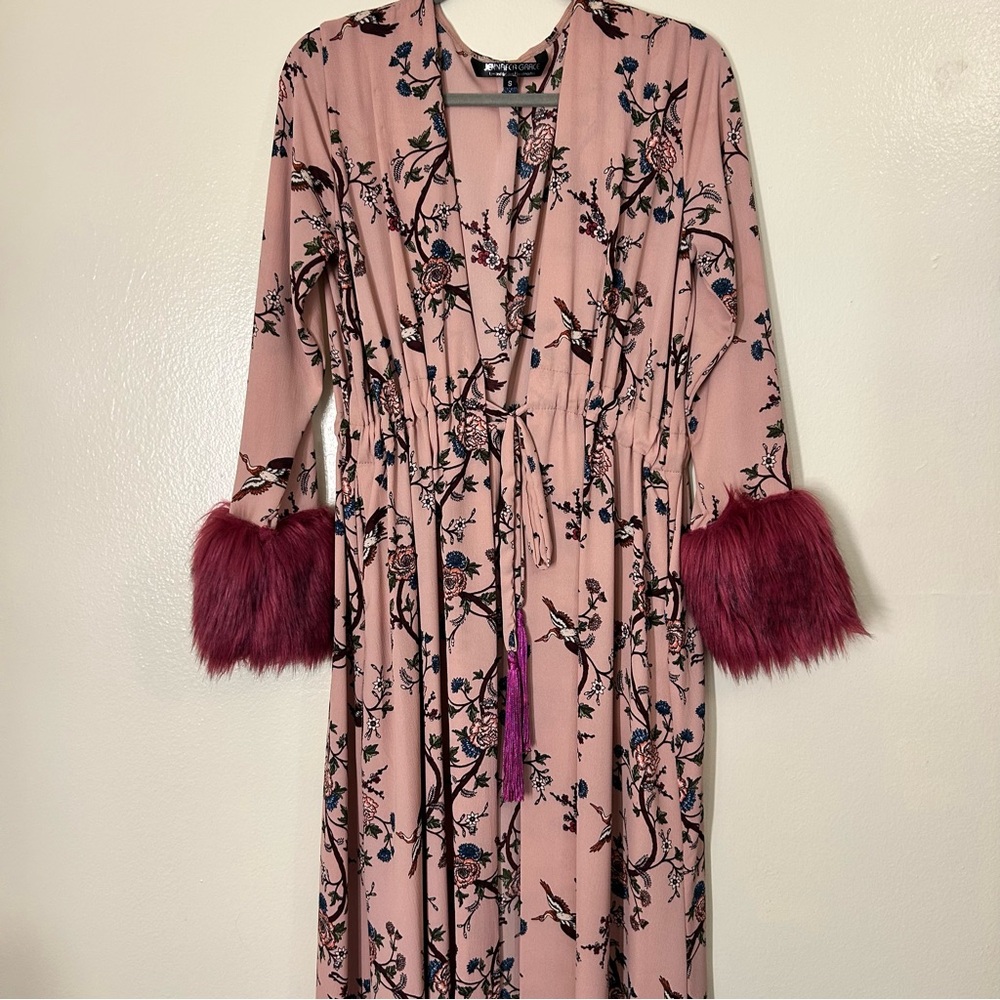 Jennafer Grace Floral and Crane Pink Duster with Faux Fur Cuffs